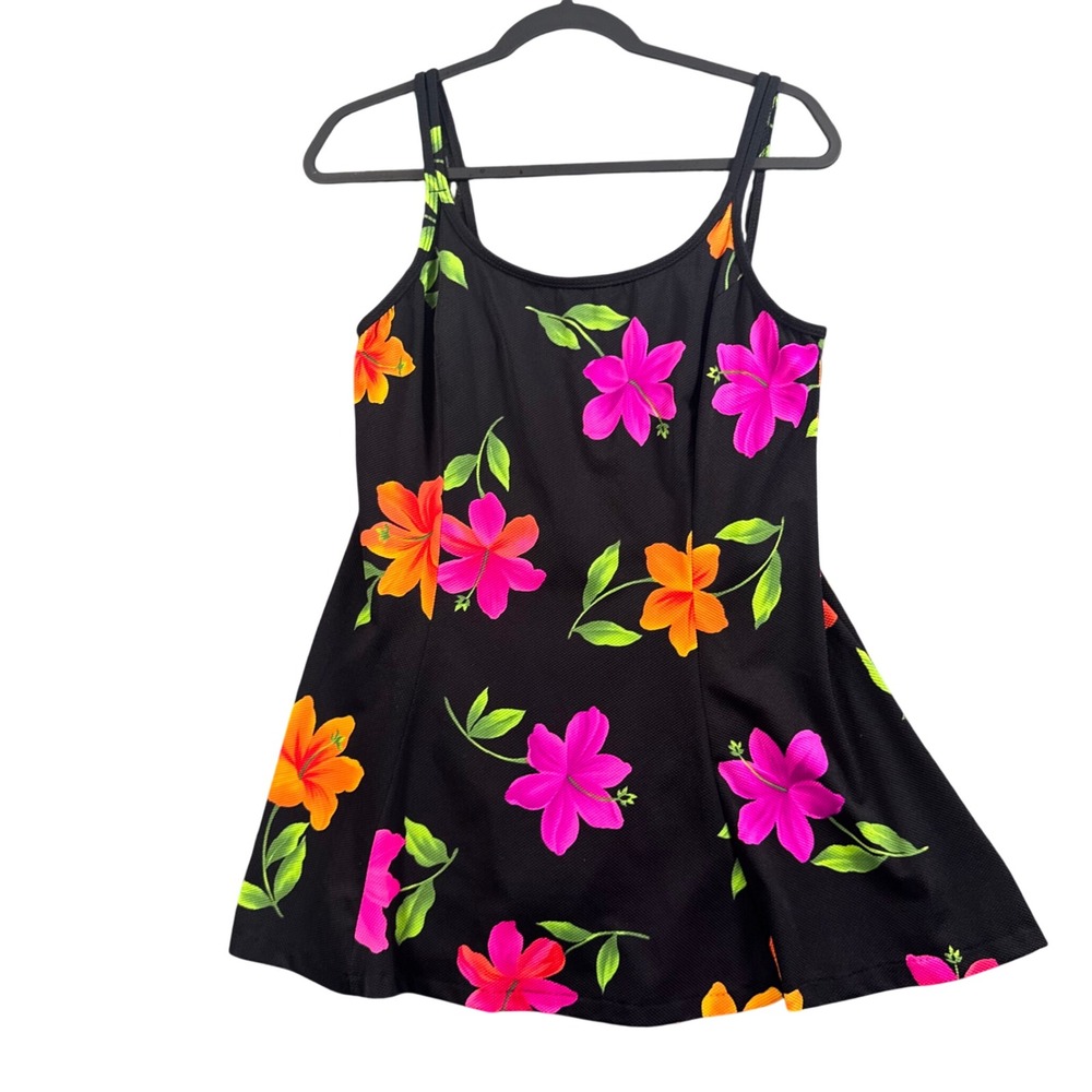 Vintage Y2K Swim Dress Womens M Black Neon Tropical Hibiscus Floral Bathing Suit